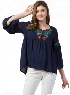 Casual Regular Sleeves Printed Women Navy Blue Embroidered Top